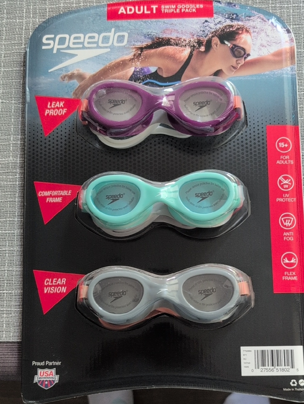 Speedo Adult 3-Pack Swim Goggles - Purple, Mint, Gray